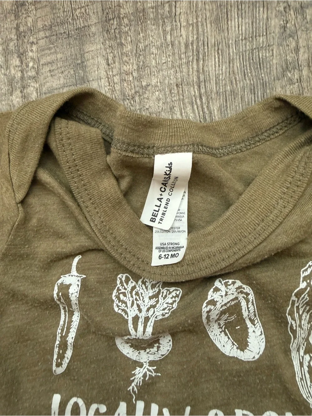 “locally grown” olive green onesie 6-12mo